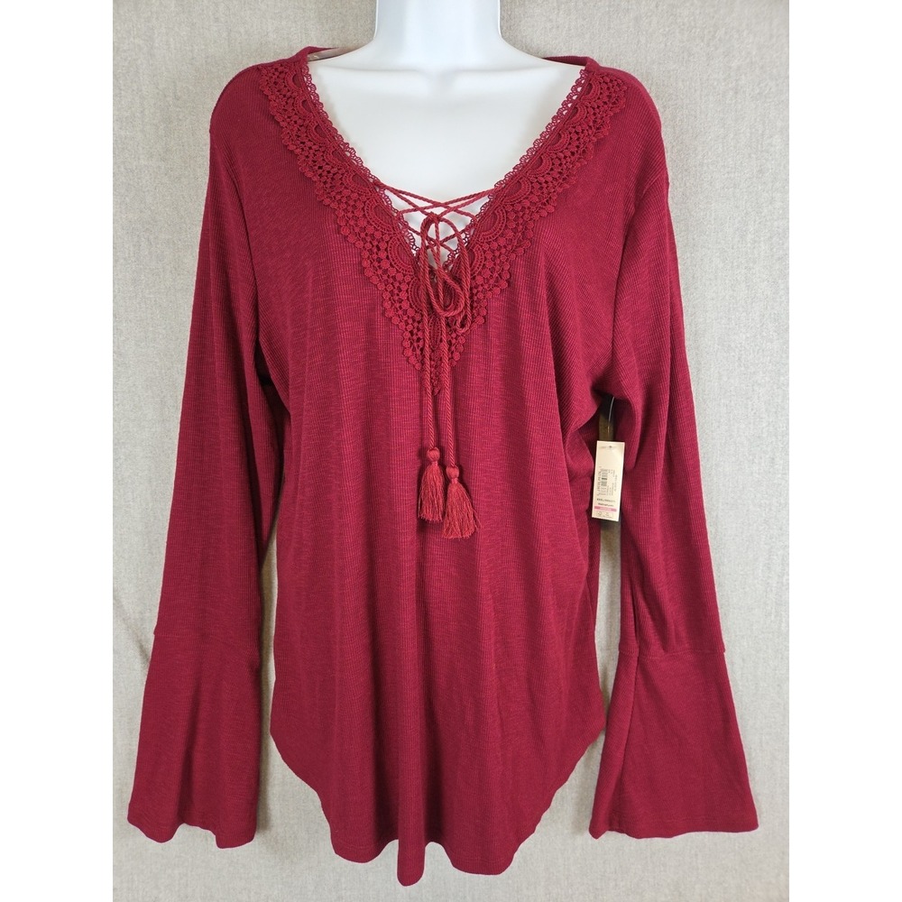 No Boundaries Bell Sleeve Top Juniors 3XL Red Lace Up Tassel Vamp Whimsigoth NEW